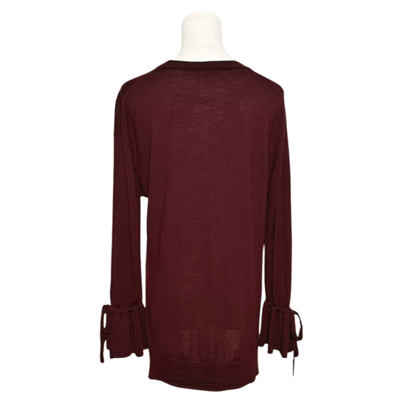 J Crew Women's Burgundy V Neck Tied Bell Sleeve Merino Wool Sweater Medium - Picture 6 of 8